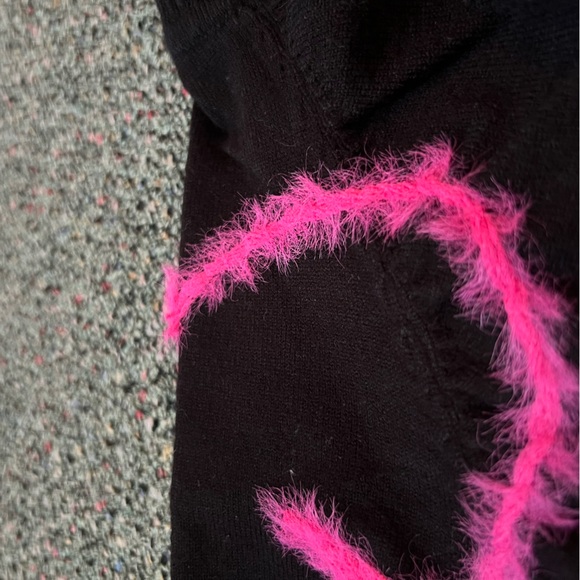 Modest Black Pink Flower Embroidered Mohair Design Mockneck Long-Sleeve Sweater - Picture 3 of 13